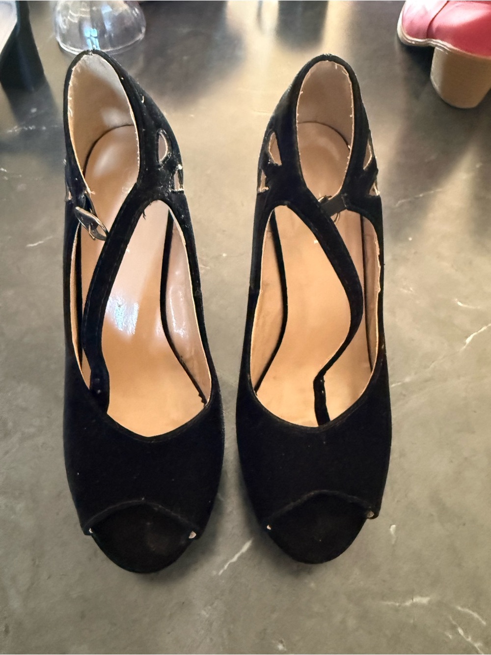 Delicacy Black Suede Cutout Peep-Toe Ankle-Strap Heels